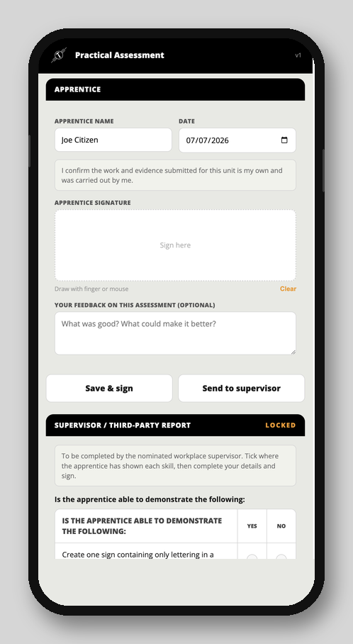 RTA apprentice app practical assessment screen