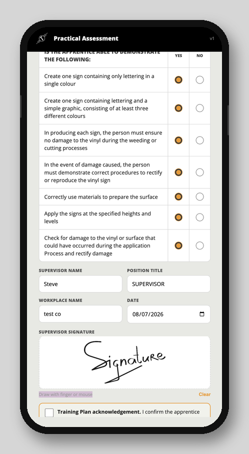 RTA employer app assessment screen for supervisors