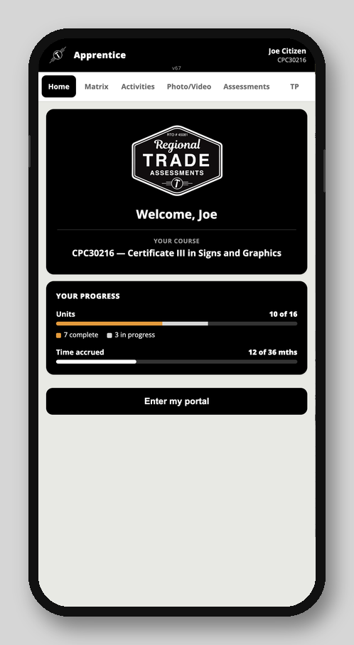 RTA apprentice app home screen